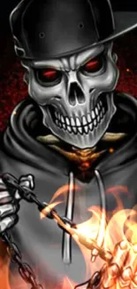 Edgy skull with red eyes and chains on a dark background.