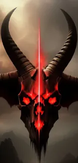 Dark skull with red accents and horns in a cloudy sky background.