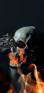 Dark skull with flames on a black background.