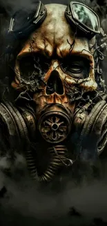 A skull wearing a gas mask with a dark and smoky background.