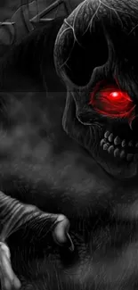 Dark skull with glowing red eyes in a misty, eerie atmosphere.