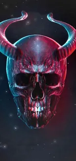 Dark skull with neon horns on cosmic background wallpaper.