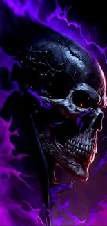 A dark skull with purple flames, perfect for gothic-themed mobile wallpaper.