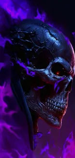 Dark skull with purple flames wallpaper for mobile screen.