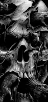 Intricate skull with rats artwork on a dark background.