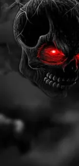 Dark skull with glowing red eyes on a black background.