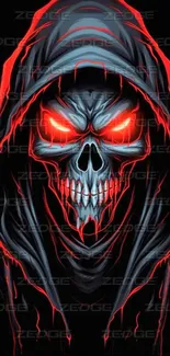 Dark skull with glowing red eyes in a hooded cloak.