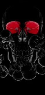 Dark skull with glowing red eyes on black background.