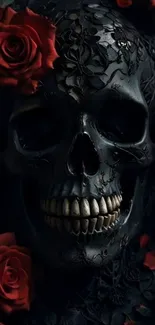 Dark skull with vibrant red roses wallpaper.