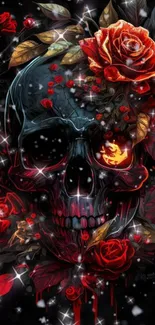 Dark skull with red roses and black background mobile wallpaper.