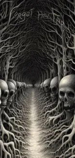 Dark forest path lined with skulls.