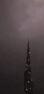 Dark skyscraper tower under cloudy night sky.