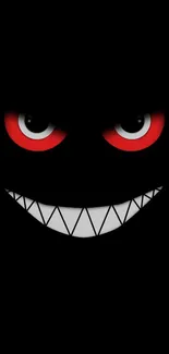 Dark wallpaper with a sinister red-eyed smiling face on black background.