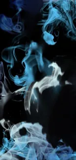 Dark abstract wallpaper with swirling blue smoke on black background.