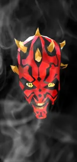 Red and black mask enveloped in smoke on a dark background.