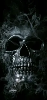 Dark skull with swirling smoke on a black background wallpaper.