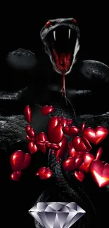 Dark snake with red hearts and diamond.