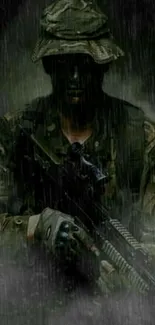 Dark figure of a soldier holding a rifle in the rain.