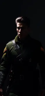 Dark green uniformed soldier in shadows, creating a mysterious atmosphere.