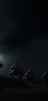 Silhouette of soldiers marching in a dark, dramatic landscape under a night sky.