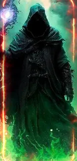 Dark hooded sorcerer with glowing green magic staff.