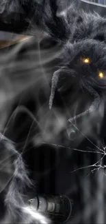 Eerie spider with glowing eyes in a dark fantasy wallpaper.