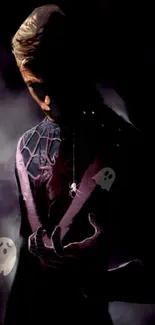 Dark superhero with spider theme and ghostly figures in background.