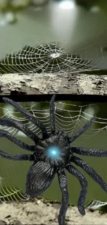 A dark spider resting on a web in a shadowy, green environment.