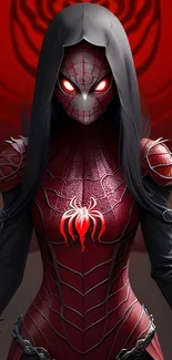 Dark spider-themed hero with red glowing eyes and intricate armor.