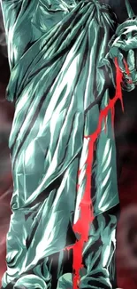 Dark artistic wallpaper of the Statue of Liberty with red accents.