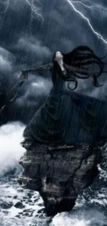 Dark fantasy woman on rock amidst stormy ocean waves.