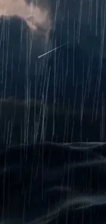 Dark stormy night wallpaper with rain and clouds over an ocean.