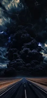 A dark stormy sky with lightning over a deserted road.