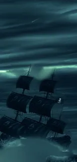 A ship sails through a dark, stormy sea under a dramatic night sky.