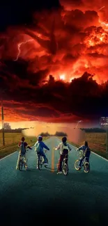 Four children biking under a dramatic stormy red sky.