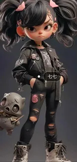 Dark stylish character with pink bows and leather jacket.