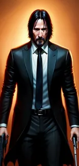 Hero in black suit with guns on orange background wallpaper.