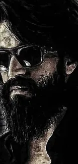 Dark themed portrait of a bearded man wearing sunglasses.