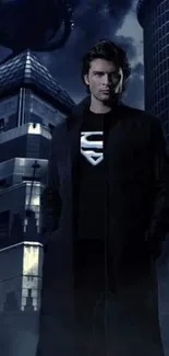 Superhero standing in a dark, futuristic cityscape at night.