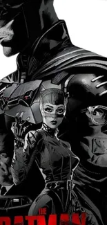 Dark superhero comic art wallpaper with iconic characters in monochrome.