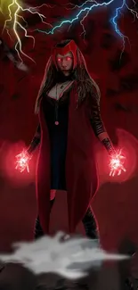 Mystical superhero surrounded by lightning and a red aura.