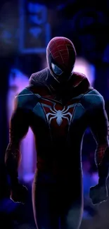 Dark superhero in urban backdrop with neon highlights on mobile wallpaper.
