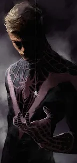 Dark superhero in shadowy pose for mobile wallpaper.