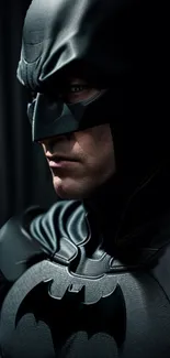 Dark superhero in mask, side profile.