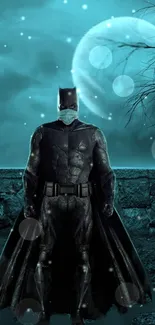 Dark superhero standing under moonlit sky.