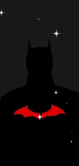 Dark superhero silhouette with red emblem on black background.