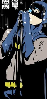 Masked superhero singing into a microphone in comic art style.