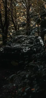 Dark SUV nestled in a shadowy forest scenery.