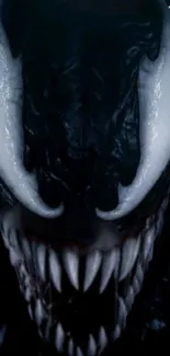 Dark symbiote with sharp teeth on a mobile wallpaper.