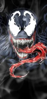 Dark symbiote artwork with vivid red details.